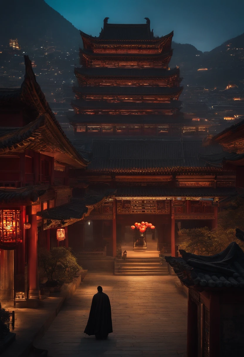 The top half of the picture is a high-rise building with a technological style，Below are ancient Chinese buildings，There is a black-cloaked assassin on the building