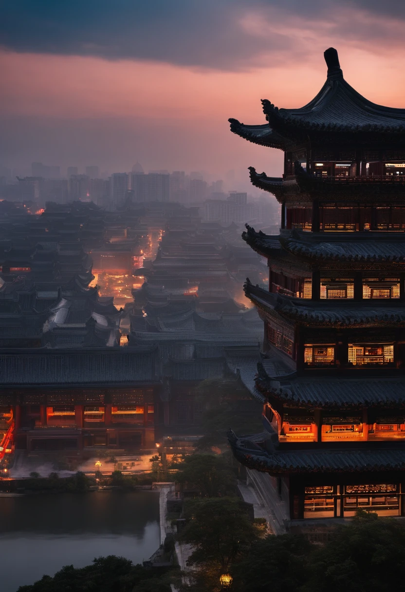 The top half of the picture is a high-rise building with a technological style,Below are ancient Chinese buildings,There is a black-cloaked assassin on the building