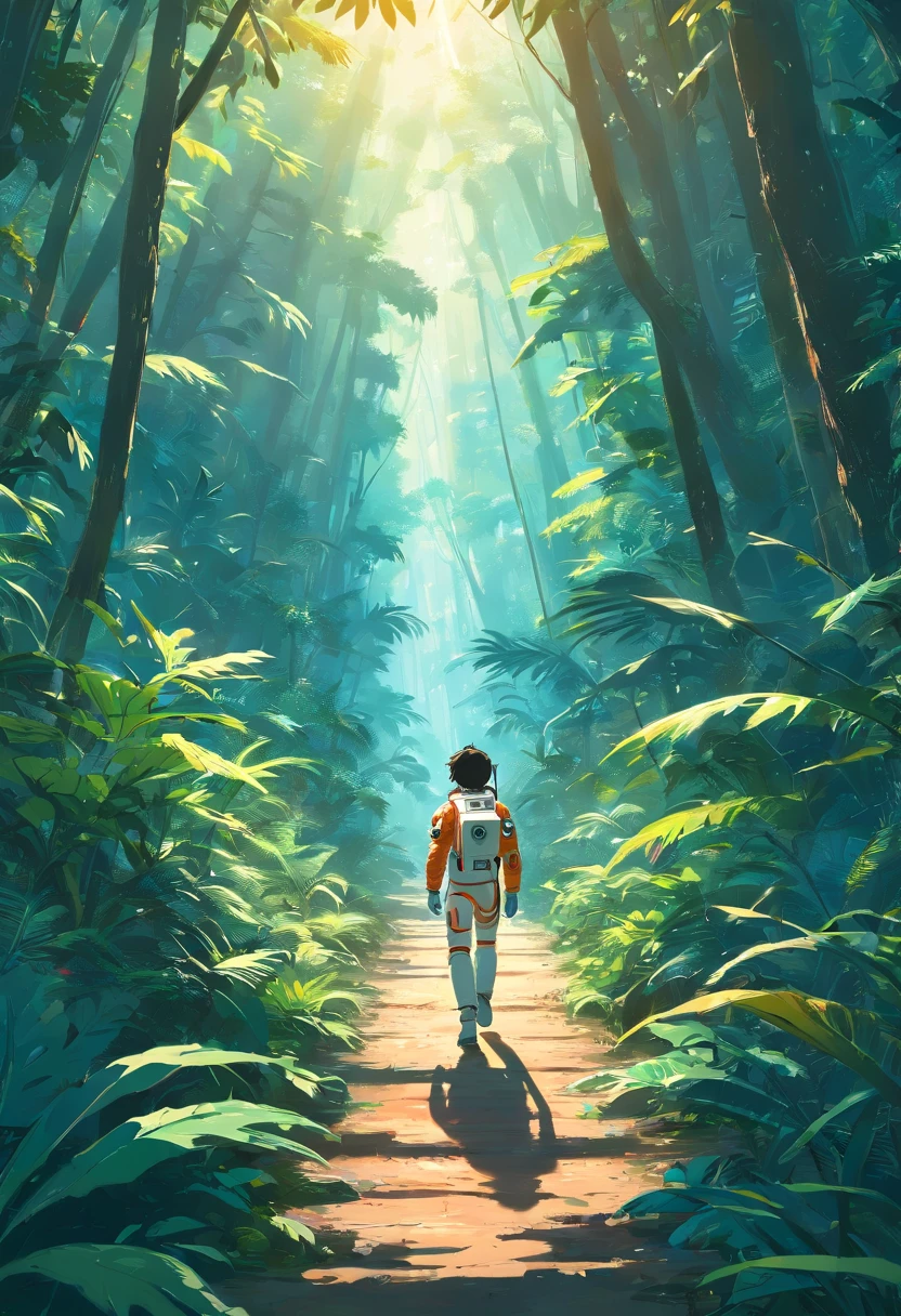 Astronaut walking in the jungle, sony a7r, 50mm lens, morningglow, 8K