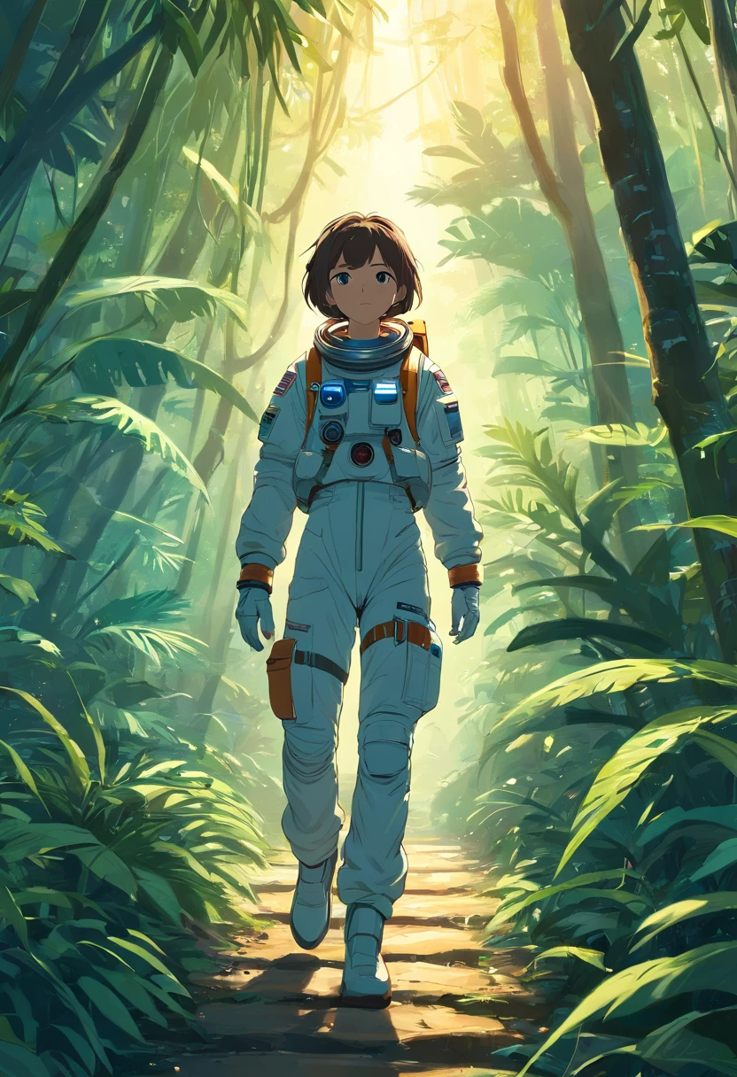 Astronaut walking in the jungle, sony a7r, 50mm lens, morningglow, 8K
