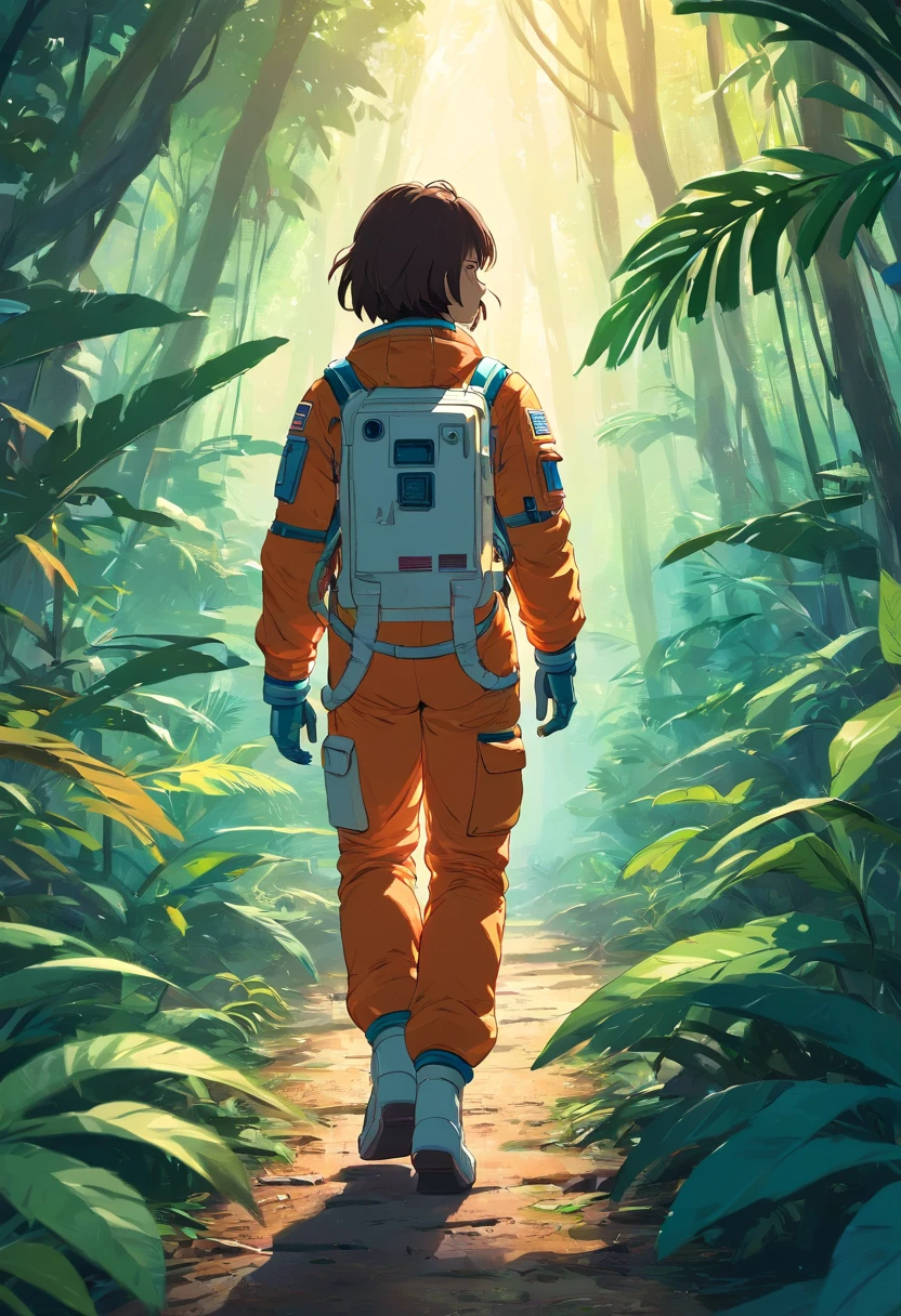 Astronaut walking in the jungle, sony a7r, 50mm lens, morningglow, 8K