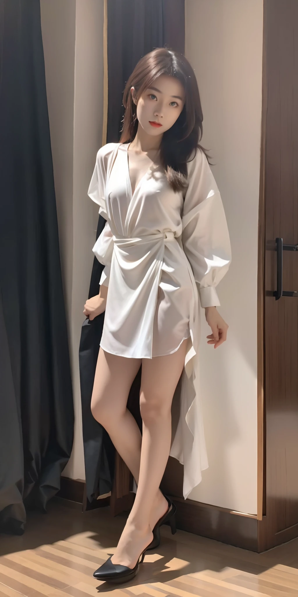 mix4, 20d, solo, long_hair, shirt, dress, high_heels, full_body, look_at_viewer, (8k, RAW photo, best quality, mastery:1.2), (realistic, photo-realistic:1.37), professional lighting, photon mapping, 光能传输,基于物理的渲染,