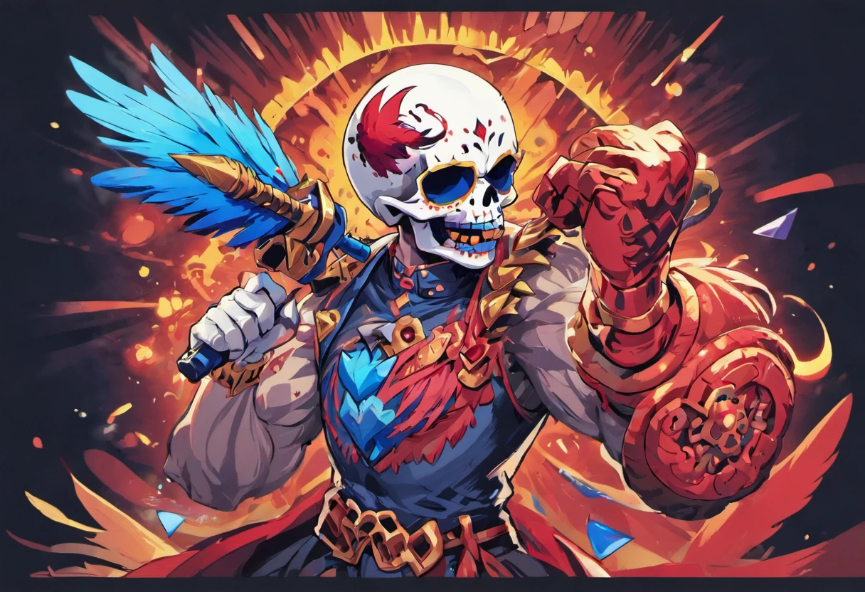 Air Hammer sugar skull, colors are white blue and red, bird feathered, Masterpiece, Best Quality