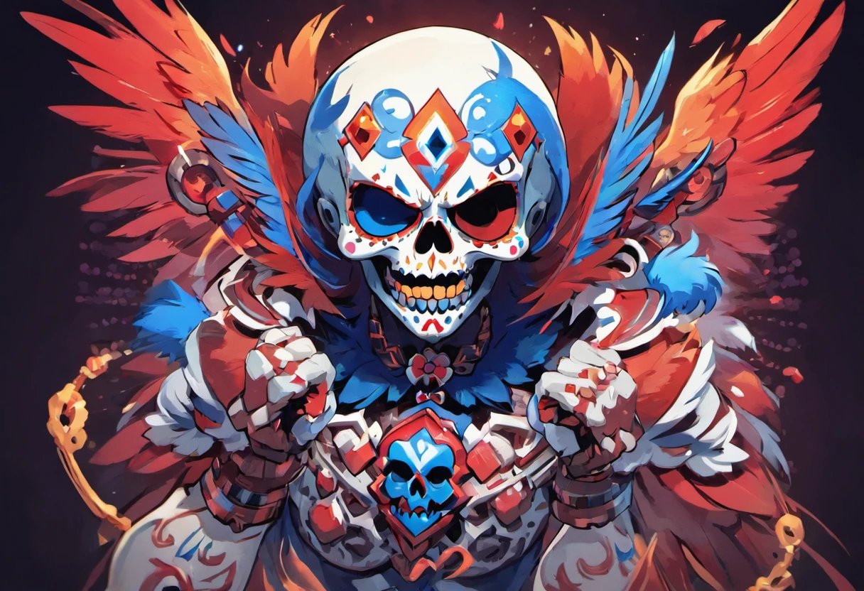 Air Hammer sugar skull, colors are white blue and red, bird feathered, Masterpiece, Best Quality