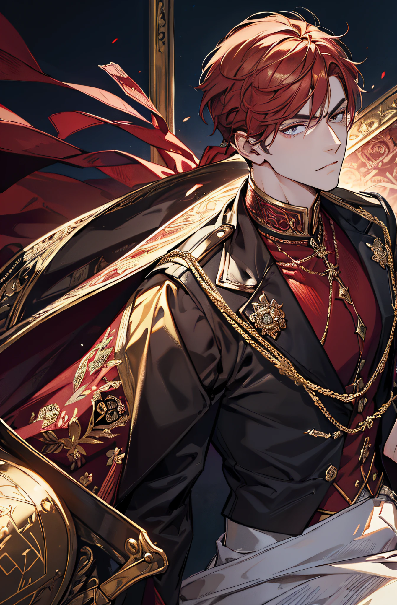Ein Mann, Erwachsene, ((masculine)), kurzes Haar, hoch, rotes Haar, Goldene Augen, Perfektes Gesicht, beautiful clothes, Antike Kleidung, Detailliert, Dynamische Beleuchtung, (best quality), (Meisterwerk), (Referenzblatt:1.5)
