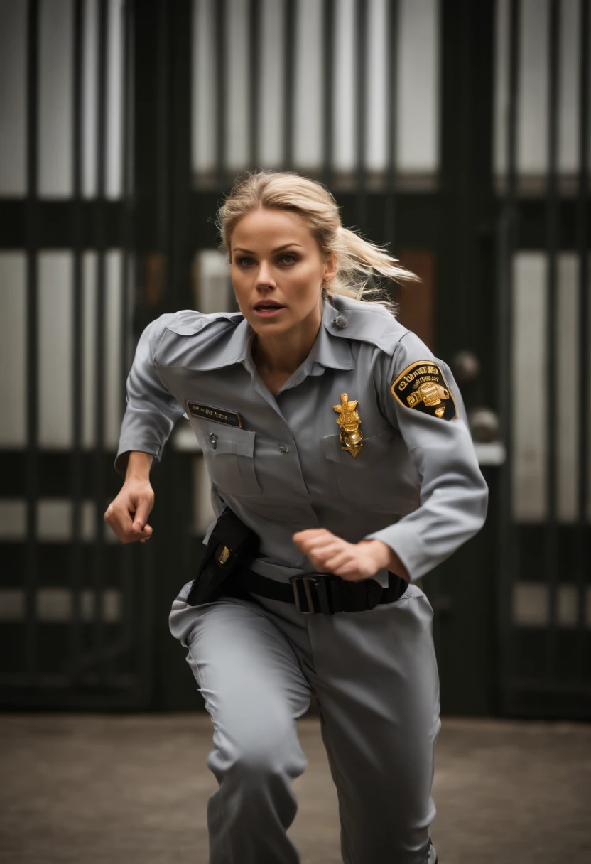 extreme long shot full body photo of a Swedish blond pretty woman in long-sleeve prison suit with two pigtails running away from a police officer, detailed face and eyes, perfect anatomy, natural skin, perfect object, dramatic moment, natural lighting, raw photo, ultra detailed, realistic photo, highly texture, full frame photo shot, wide composition angle, masterpiece composition, ultra hd, 8k, depth of field, perfect composition