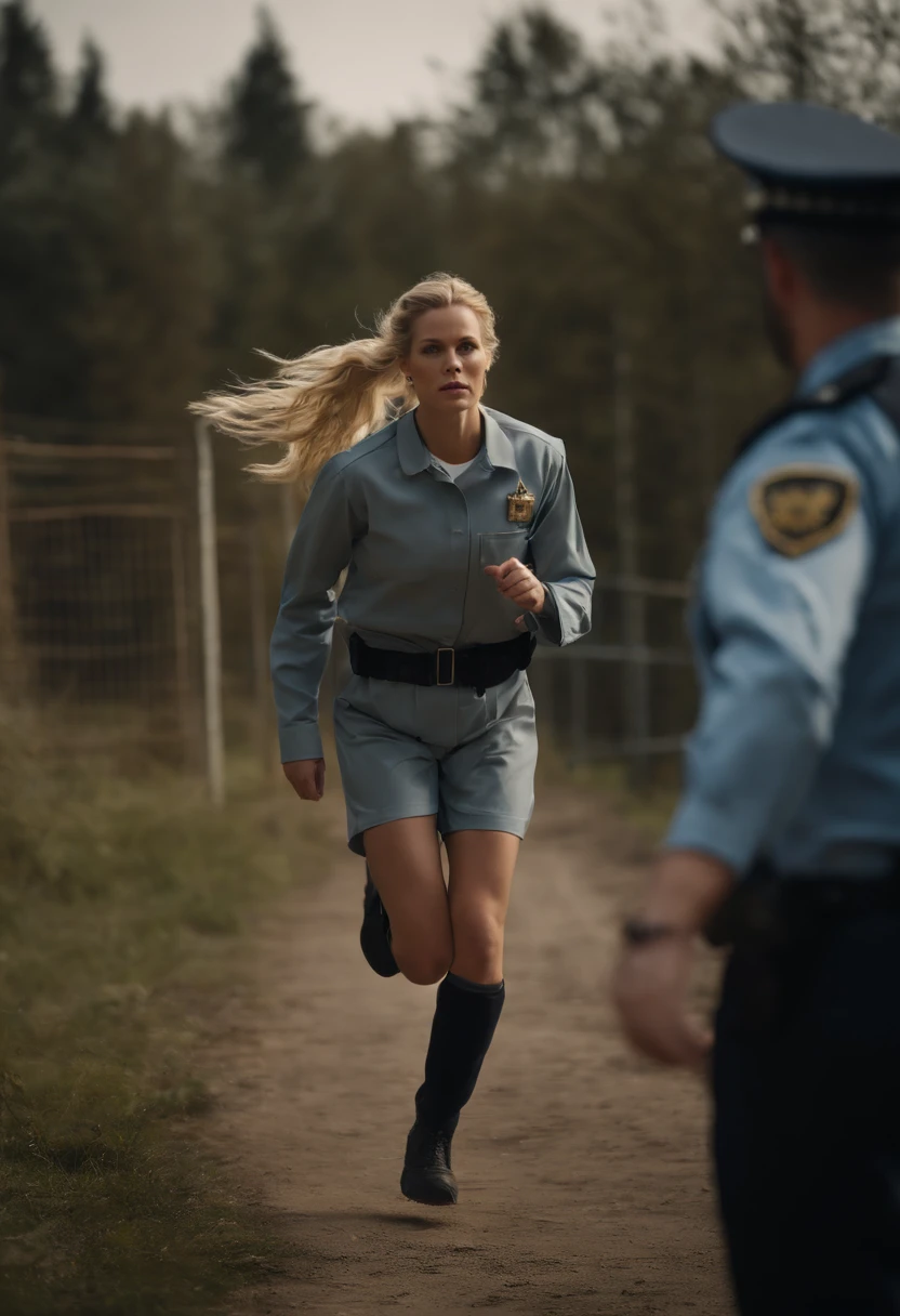 extreme long shot full body photo of a Swedish blond pretty woman in long-sleeve prison suit with two pigtails running away from a police officer, detailed face and eyes, perfect anatomy, natural skin, perfect object, dramatic moment, natural lighting, raw photo, ultra detailed, realistic photo, highly texture, full frame photo shot, wide composition angle, masterpiece composition, ultra hd, 8k, depth of field, perfect composition