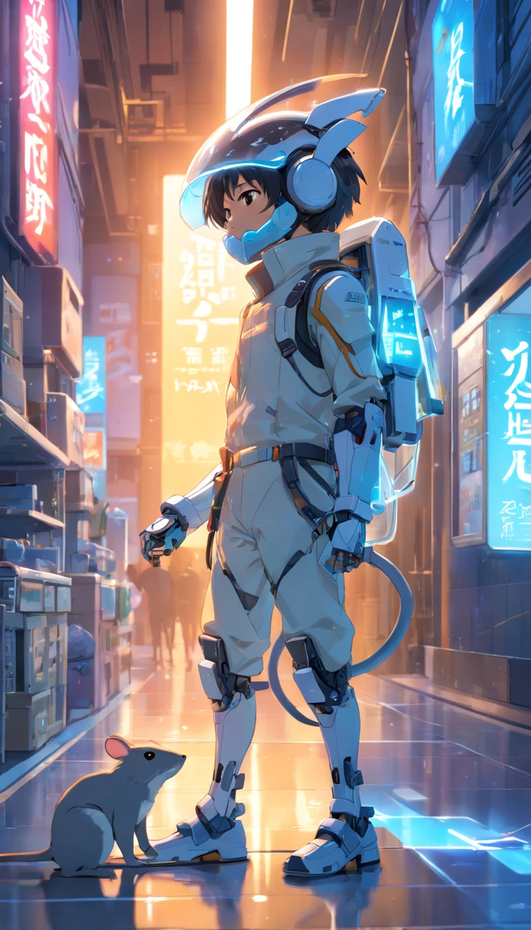 The person in the photo I gave々Using the，Robotic rats, (Blind box toy style:1.2), (Full body shot) , 1 Transparent Boy,Behind him is a transparent and cute robotic mouse, Transparent mech, Exquisite helmet:1.2, Luminous goggles:1.2, Cyberpunk, dreamy glow, bright neon, Clean, White background, ( Global illumination, Ray traching, NFFSW, unreal render,reasonable design, high detal, masutepiece, Best quality, hyper HD, Cinematic lighting)