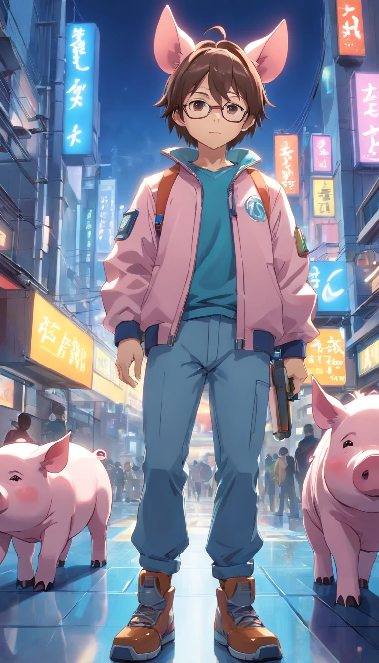 robotic pig, (Blind box toy style:1.2), (full body shot of) , 1 Transparent Boy,Behind him is a cute transparent robot cat, Mecha transparent, Exquisite helmet:1.2, Glasses:1.2, Cyberpunk, dreamy glow, luminous neon lights, ren, white backgrounid, ( global ilumination, Stripe tracking, hdr, unreal render,reasonable design, high detal, Master parts, Best quality, hyper HD, Cinematic lighting)