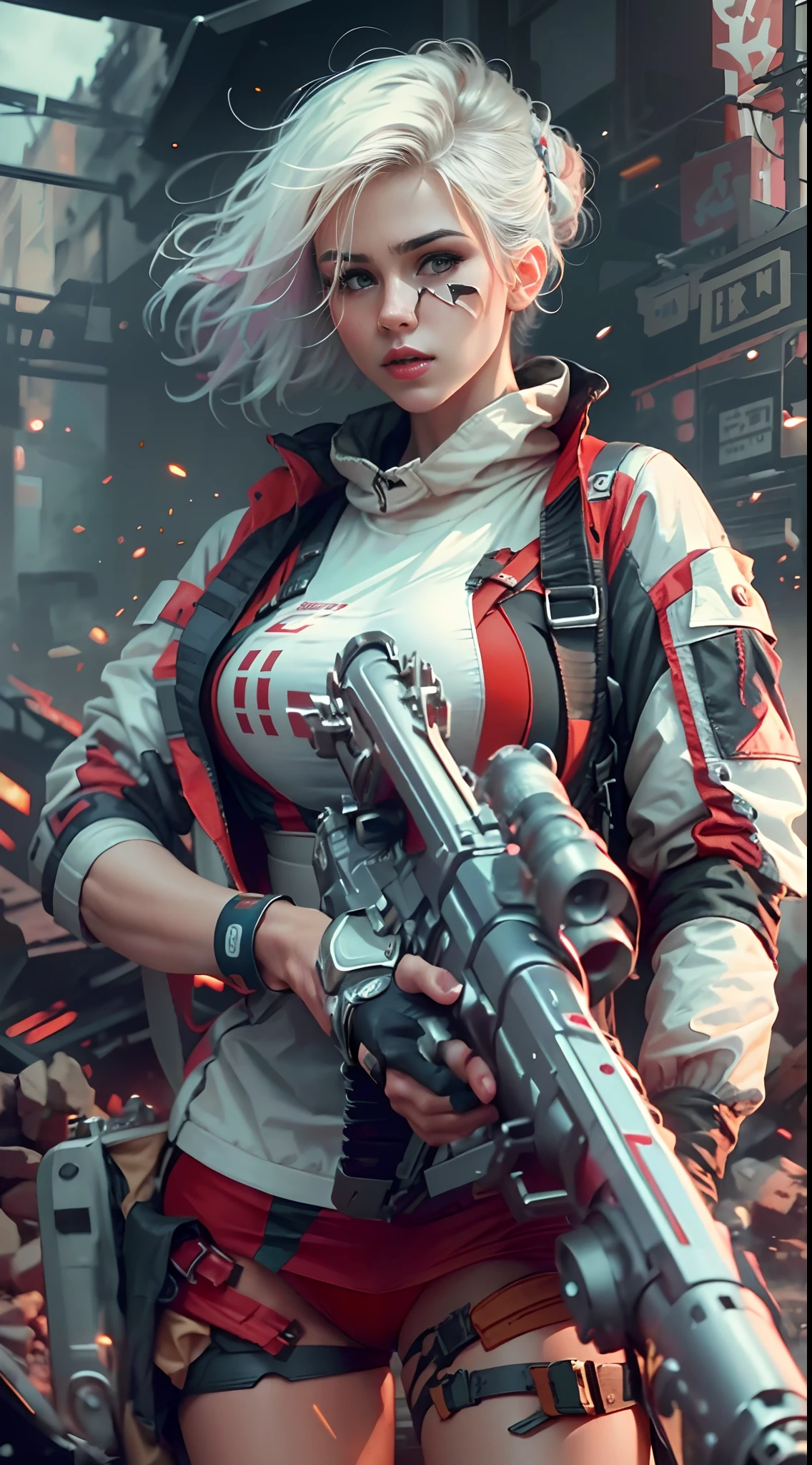 motor irreal:1.4,CG ultra realista 64K, fotorrealista:1.4, textura de la piel:1.4, obra 1girl,gatling gun, shell casing, looking at viewer, bangs, ammunition belt, gloves,breasts,firing,In the picture, a beautiful girl with short hair with white messy hair appears,s delicate face,Wearing a steam mech,standing on ruins,The action of a woman holding a heavy sniper rifle in her hand
extreme detailed,highest detailed, optical mixing, playful patterns, lively texture, unique visual effect,o cyberpunk color amarillo, pantimedias red , mini skirt blue,