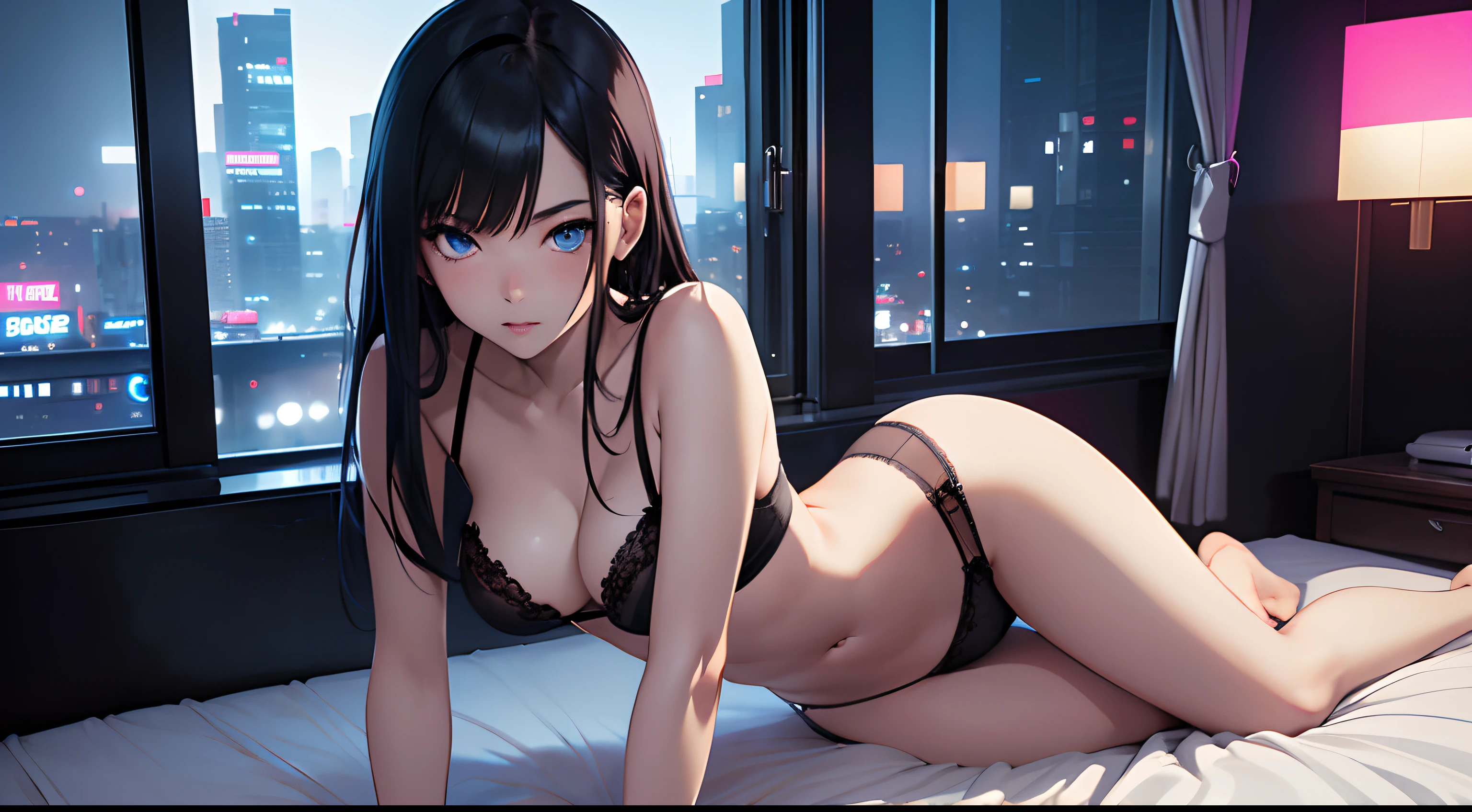 full body image of 18 years old japanese girl, black hair, blue eyes, beautiful detailed eyes, beautiful detailed lips, seductive expression, wearing only bra and panties, sitting on a bed, in a bedroom, slim, small breasts, view of a city through the window, neon lights, cyberpunk, night