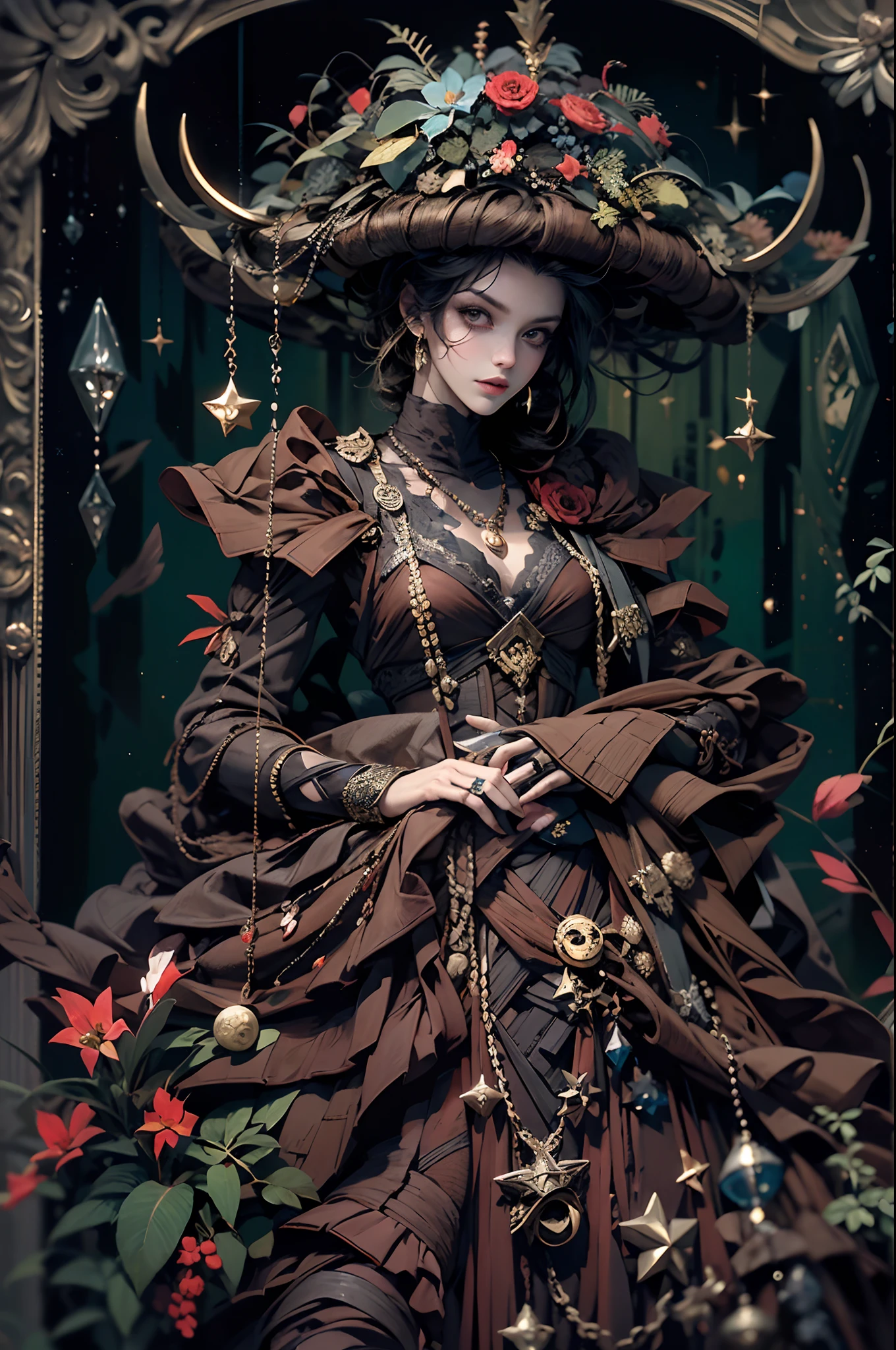 A woman wears a creative fantasy fashion concept, where her clothes are decorated with knick-knacks of leaves, alien skulls, orchid leaves, stars, micro-sized balls, small chains, as well as miniature eifel-towers that hang, as well as several crescent moon shapes, dark brown and black, in a dark misty environment and a mysterious atmosphere, little monsters are around, fantasy, surreal photo,  Fashion Magazine Concept Page