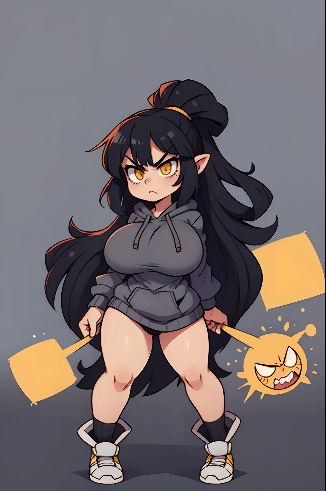 grey background, solo, 1 girl, very long hair, black hair, angry, yellow eyes, muscular, huge tits, thick thighs, wide hips, pale skin, standing, slick hair, curvy, hoodie, thong