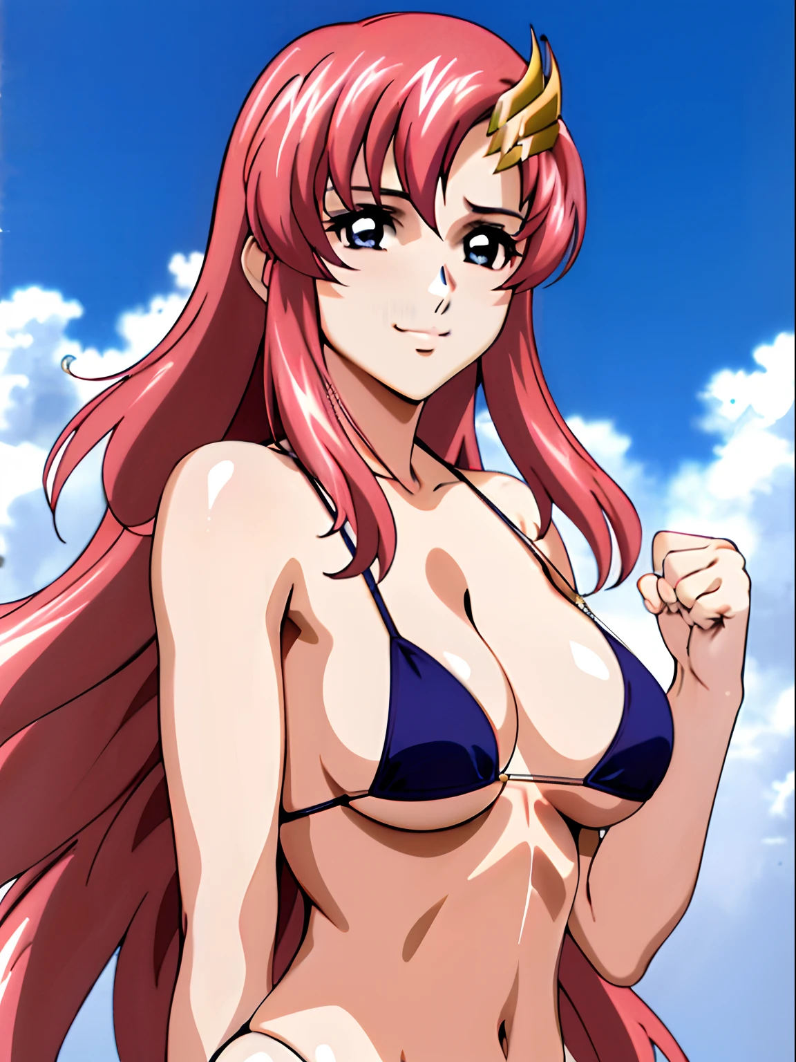 (masterpiece, upper body view, 4K, Best Quality, Anime style: 1.9,, Adult Woman, ultra detailed face, (cloud background, wrestling), Drawing lines, high resolution, Anime, lacus4), 1girl, Solo, curvy figure, Long hair, 鎖骨, scapular, (Detailed wide hair bangs, Hair Ornament, Detailed reddish-pink hair, golden crest), cleavage, large hands, (female wrestler). (Big blue eyes, shiny eyes), ((female wrestler, slender body, broad shoulders, closed fists)), ((perfect proportions, medium breasts, long belly)), (((micro bikini, pink wrestling gear))), gentle, smile, (standing, looking at the viewer)