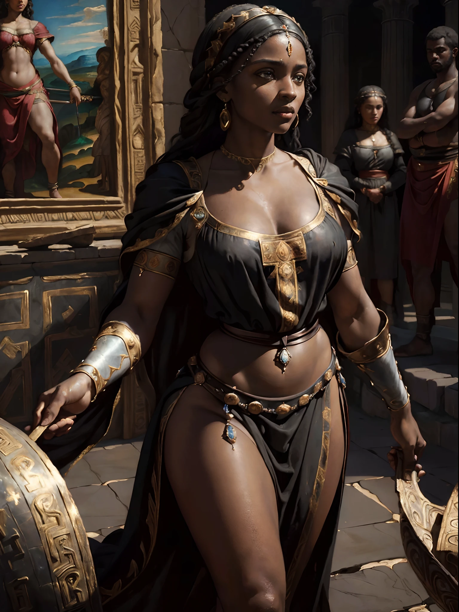 (Renaissance oil painting of a beautiful black woman in ancient roman clothes:1.3), best quality, masterpiece, expressive, thrilling, 256k, epic, crepuscular lights, (by Michelangelo, by Rafael, by Rubens:1.2), dynamic lighting, best quality, masterpiece, (best hands)
