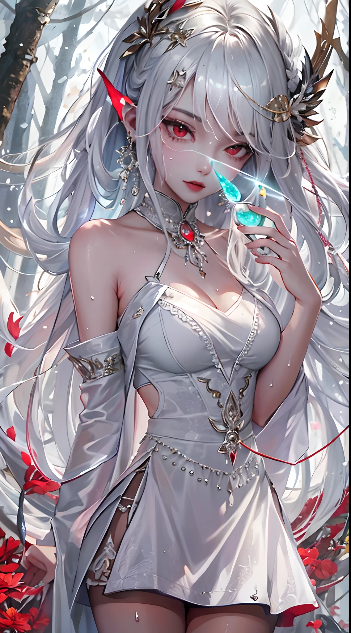 snowing forest, frozen forest, (masterpiece, top quality, best quality, official art, beautiful and aesthetic:1.2), (1girl:1.3), (fractal art:1.3), absurd, masterpiece, best quality, realistic, hyper-detailed, (shiny skin, sweaty:1.4), looking at viewer, slender, 1girl, solo, white sneakers, white miniskirt, straight long hair, princess cut, purple hair, red eyes, (thick thighs:0.5), dynamic lighting, high resolution, sharp focus, depth of field, small breasts, vampire, masterpiece, best quality, ultra-detailed, illustration, ultra-detailed face, best quality face, evil, 24 years old, adult, 1girl, 24 years old, no human, white hair, alchemy outfit, intricate detailed outfit, sexy pose, glowing red dress, cute, kawaii, digital art, finely detailed eyes