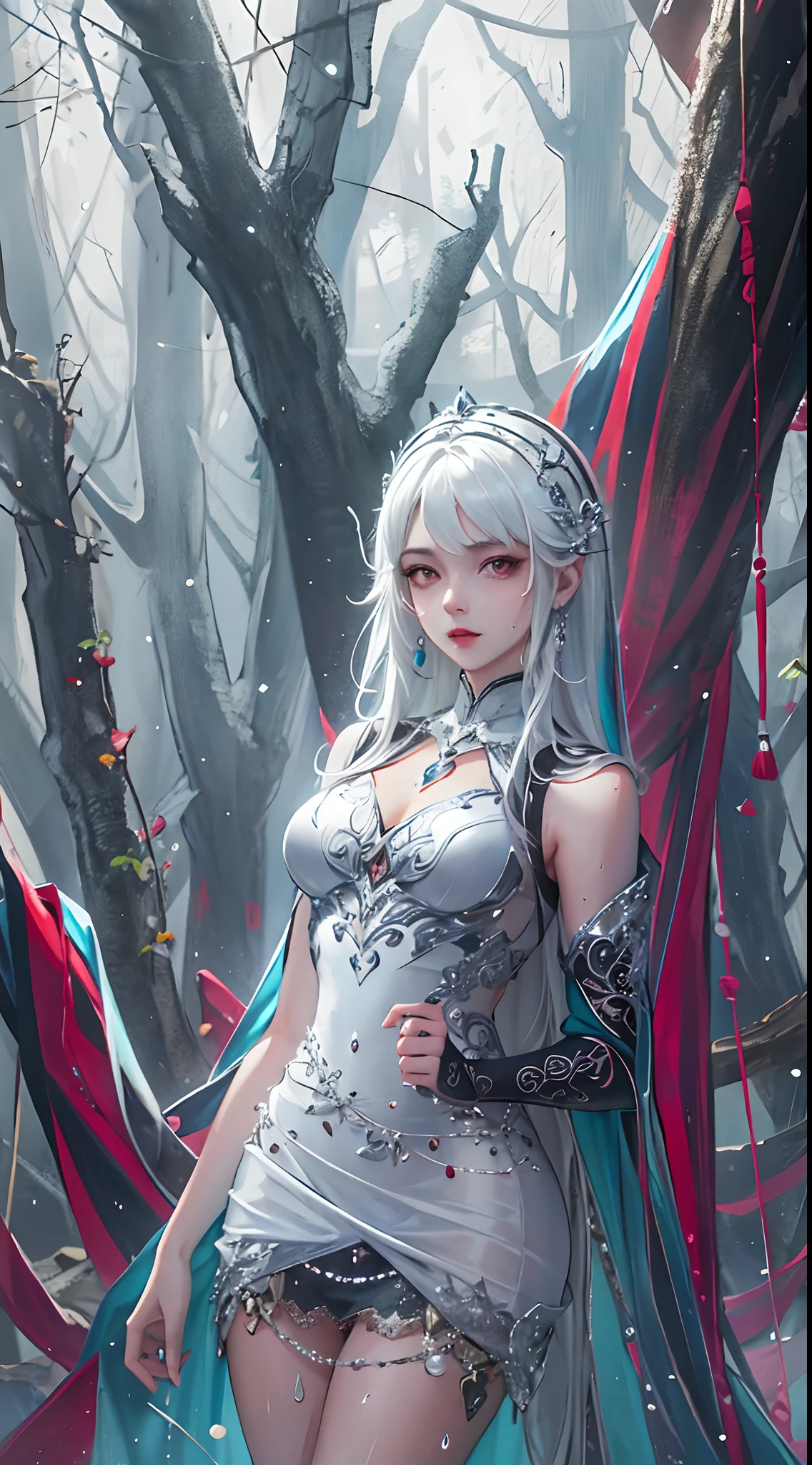 jingliuV4，Unbeatable masterpiece, extraordinary, Incredible, Exquisite, Perfect artwork, perfect women figure, Perfect anatomy, Unique, red color eyes，long  white hair，arm behind back
