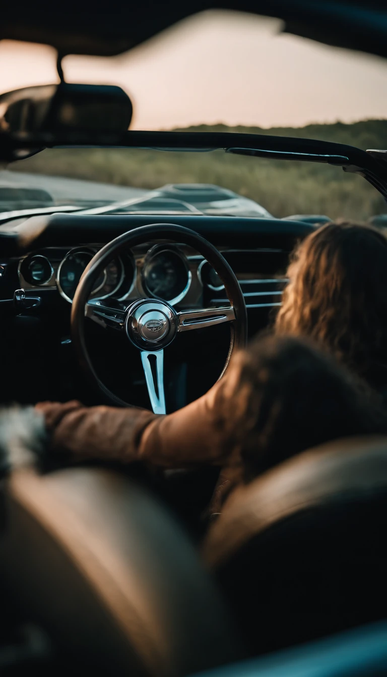 Uma mulher jovem de cabelos preto e olhos azuis, sitting in the driver's seat with her hands on the steering wheel of a Ford Mustang driving at night in the woods, vemos ela de perfil, as if the camera were in the passenger seat.