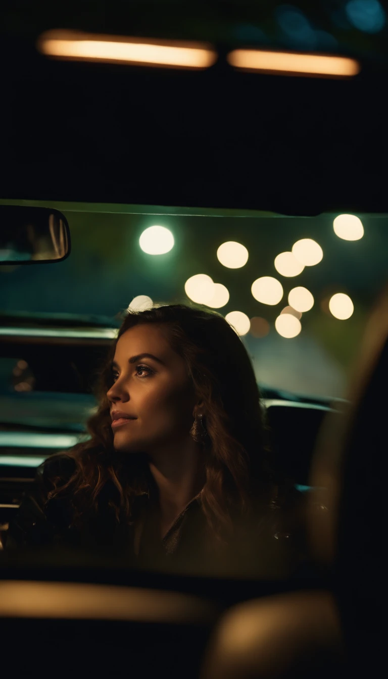 Uma mulher jovem de cabelos preto e olhos azuis, sitting in the driver's seat with her hands on the steering wheel of a Ford Mustang driving at night in the woods, vemos ela de perfil, as if the camera were in the passenger seat.