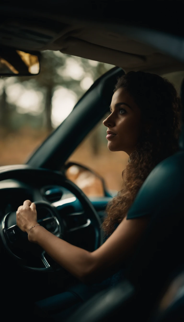 Uma mulher jovem de cabelos preto e olhos azuis, sitting in the driver's seat with her hands on the steering wheel of a Ford Mustang driving at night in the woods, vemos ela de perfil, as if the camera were in the passenger seat.