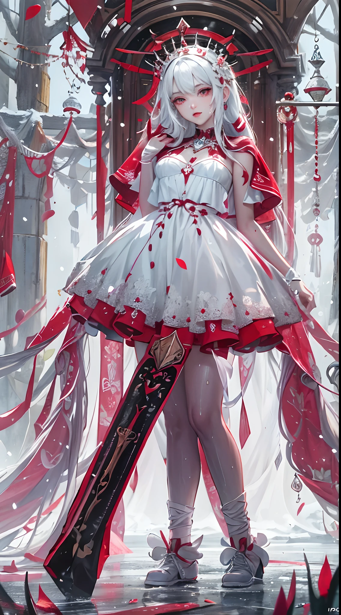snowing forest, frozen forest, (masterpiece, top quality, best quality, official art, beautiful and aesthetic:1.2), (1girl:1.3), (fractal art:1.3), absurd, masterpiece, best quality, realistic, hyper-detailed, (shiny skin, sweaty:1.4), looking at viewer, slender, 1girl, solo, white sneakers, white miniskirt, straight long hair, princess cut, purple hair, red eyes, (thick thighs:0.5), dynamic lighting, high resolution, sharp focus, depth of field, small breasts, vampire, masterpiece, best quality, ultra-detailed, illustration, ultra-detailed face, best quality face, evil, 24 years old, adult, 1girl, 24 years old, no human, white hair, alchemy outfit, intricate detailed outfit, sexy pose, glowing red dress, cute, kawaii, digital art, finely detailed eyes