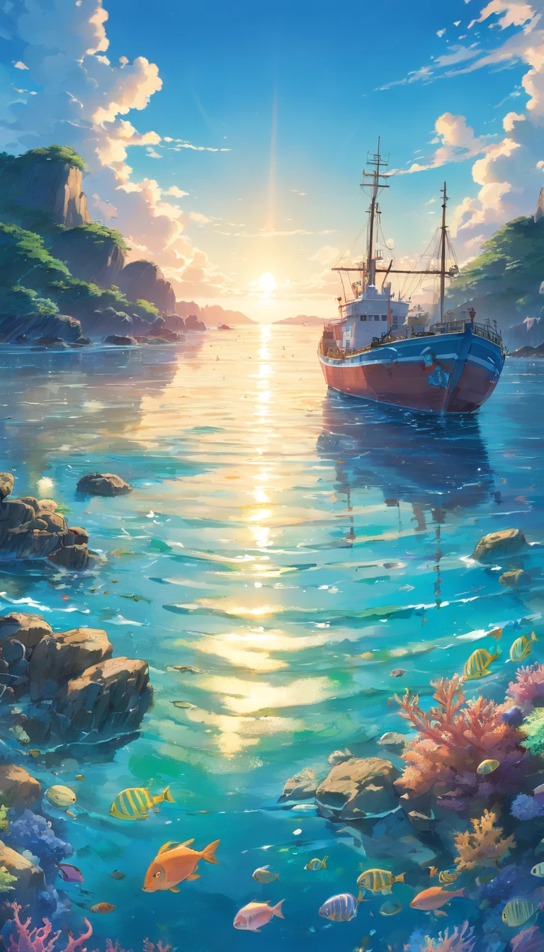 (criaturas do fundo do mar, Ship navigation, beach loaded with plastic), (best quality, 4k, Altas), ultra-detalhado, (fotorrealista:1.37), vivid colors, HDR, underwater scene, shimmering bioluminescence, exotic marine species, Ancient shipwreck, clear blue water, Sun rays penetrating the surface of the ocean, dramatic lighting, realistic reflections, intrincados recifes de coral, Cardumes de peixes coloridos, Correntes de turbilhonamento, plastic debris floating, tartarugas marinhas angustiadas, Polluted coastline, Distant horizon, atmosfera sombria