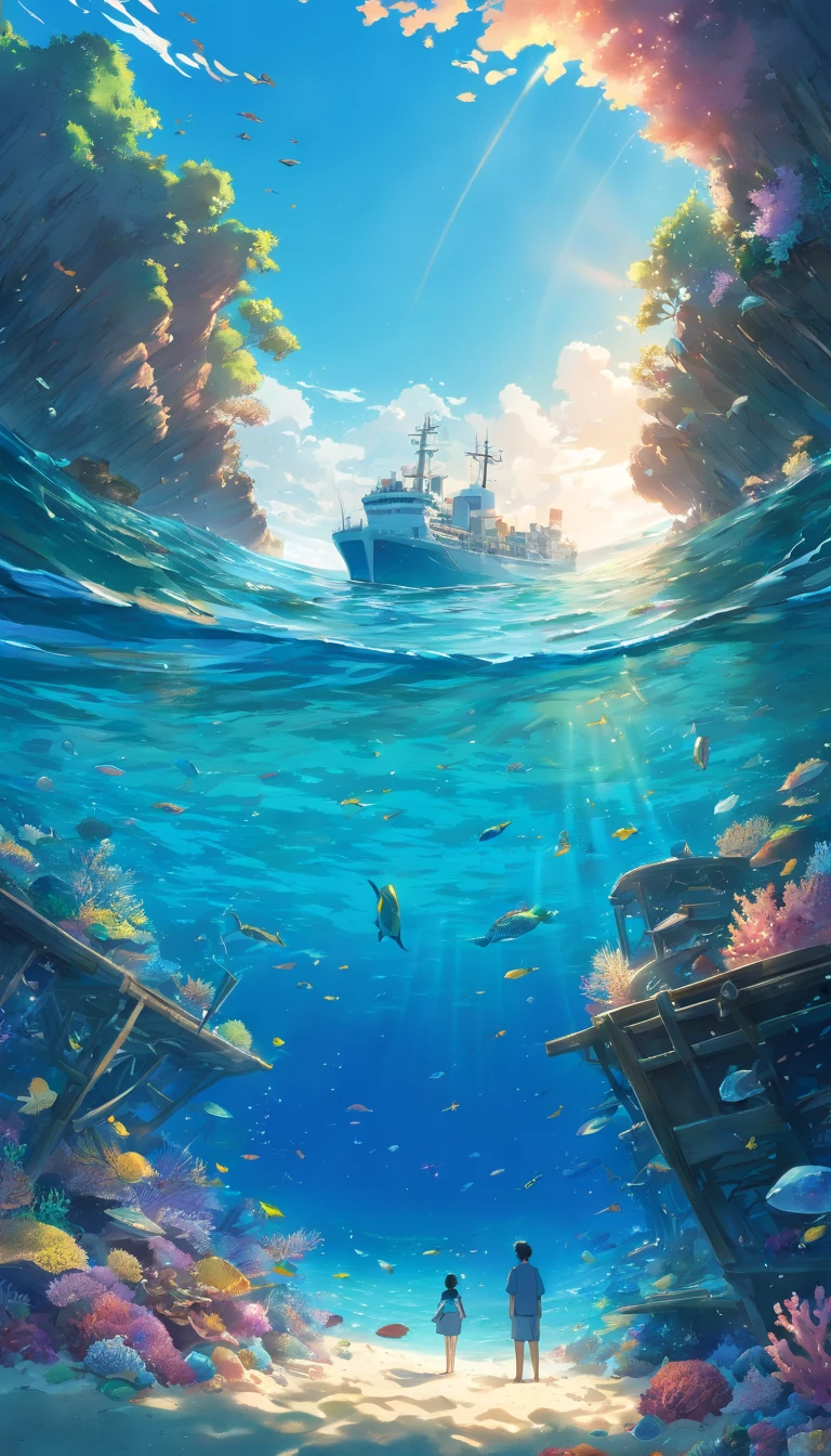 (criaturas do fundo do mar, Ship navigation, beach loaded with plastic), (best quality, 4k, Altas), ultra-detalhado, (fotorrealista:1.37), vivid colors, HDR, underwater scene, shimmering bioluminescence, exotic marine species, Ancient shipwreck, clear blue water, Sun rays penetrating the surface of the ocean, dramatic lighting, realistic reflections, intrincados recifes de coral, Cardumes de peixes coloridos, Correntes de turbilhonamento, plastic debris floating, tartarugas marinhas angustiadas, Polluted coastline, Distant horizon, atmosfera sombria
