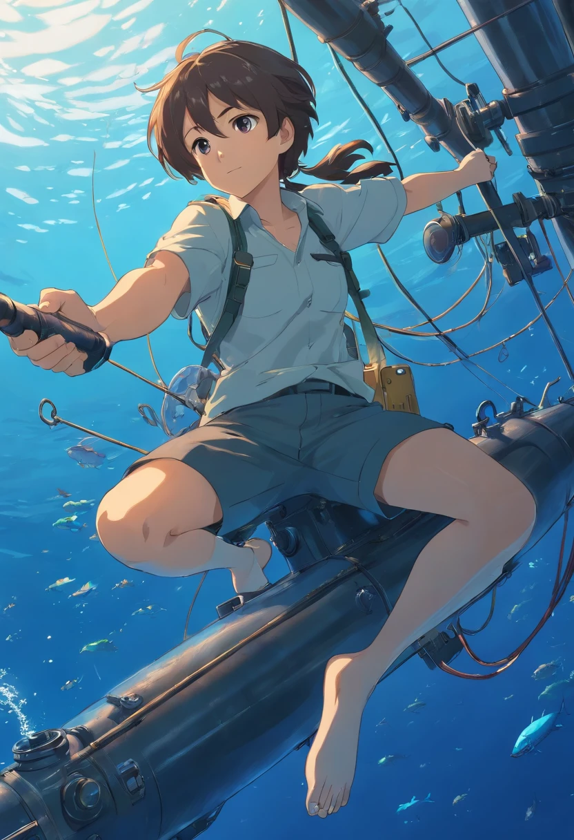 Captain hanging a fishing line from the tip of a submarine