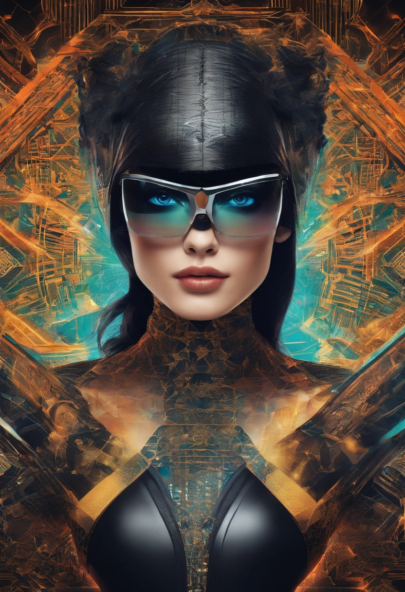 Attractive beautiful woman with black hair with gothic costume, Hyper-detailed eyes and use of high-tech sunglasses with holographic display ,Gorgeous multidimensional geometric wall, Vibrant vivid color coloring,