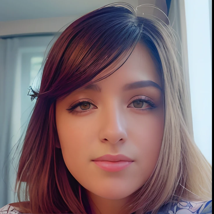 There's a woman with a flowered shirt, cabelo castanho, olhos escuros, Eimagem de perfil,