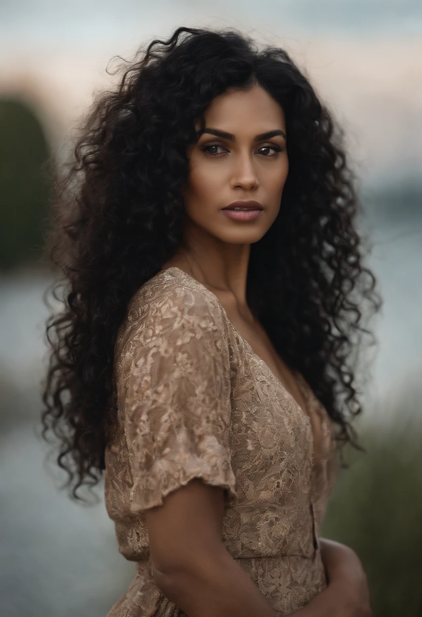 (best quality,ultra-detailed,realistic:1.37),Negra,beautiful detailed curly black hair, hair reaching waistline,wearing glasses,shy,skin details