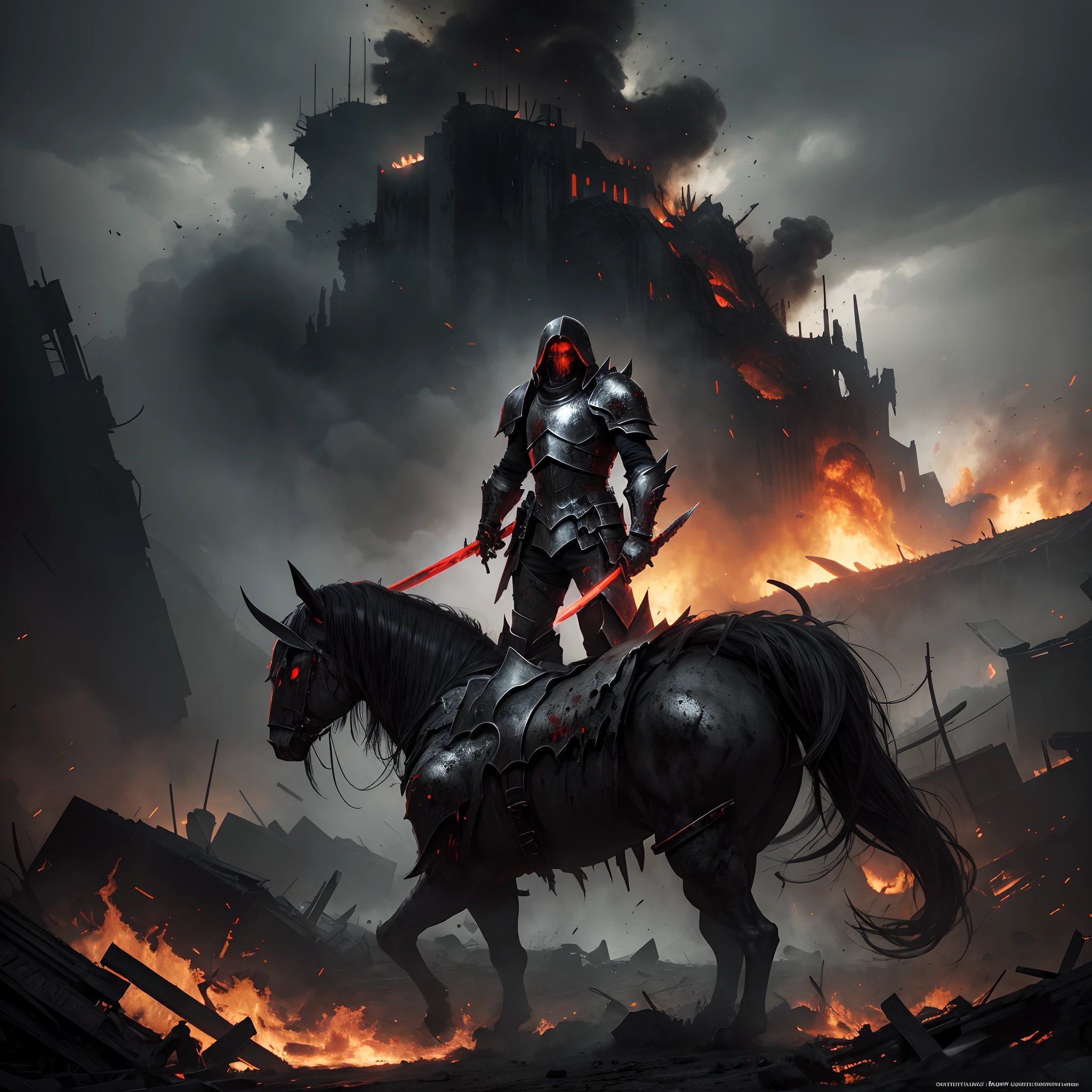death dealer, dark and powerful, holding a large sword, wearing a heavy armor, standing in a post-apocalyptic landscape, surrounded by smoke and fire, intense and dramatic lighting, blood splatters on the armor, glowing red eyes, background filled with ruins and destruction, atmospheric and gritty, capturing the essence of chaos and warfare, heavy brush strokes, high contrast, muted colors, capturing the intensity and tension of the scene. (best quality,highres),ultra-detailed,photorealistic:1.37, concept artist, vivid colors, sharp focus, bokeh