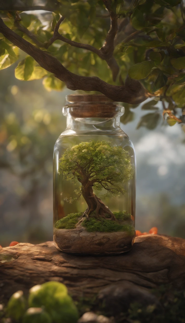A dreamy art tree in a bottle, Felpudo, Realistic, photographic, canon, sonhador, artistic, splendid leaves and branches with flowers above his head. Ultra Detailed Photo Realism by Greg Rutkowski - H1024W 804 | Marcadores de lente F16 2:2 S 35555 mm Film particles: 1 High-resolution realistic sharp focus contrast!! The intricate and detailed atmospheric refractive lighting in Octane, The cinematic masterpiece of Unreal Engine 5, presents the trend of CGSociety