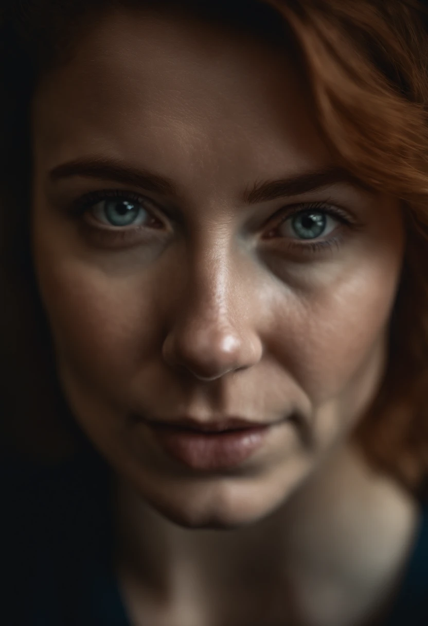a very cute readhead danish woman crying face with tears, beautiful eyes, unique face, natural skin, heartbreaking expression, detailed face and eyes, perfect object, illuminated warm, cinematic dark light, photo contest composition, analog film photo color, ultra realistic pohotography, very wide mid shot view, Aesthetic atmosphere, dramatic, rays shadow, Sigma 24mm f1.8 lens, 8k, highly resolution, ultra highly detailed, Ultra hd, depth of field