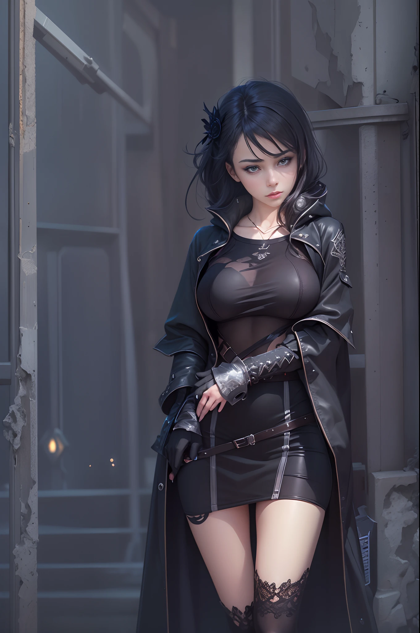 1girl as goth woman, detailed eyes, detailed face, detailed skin,mature body, tall body,seductive body,medium big breast, medium thigh, best quality, masterpiece, trending on Art station,BREAK,Detailed,Realistic,4k highly detailed digital art,octane render, bioluminescent, BREAK 8K resolution concept art, realism,by Mappa studios,masterpiece,best quality,official art,illustration,ligne claire,(cool_color),perfect composition,absurdres, fantasy,focused,