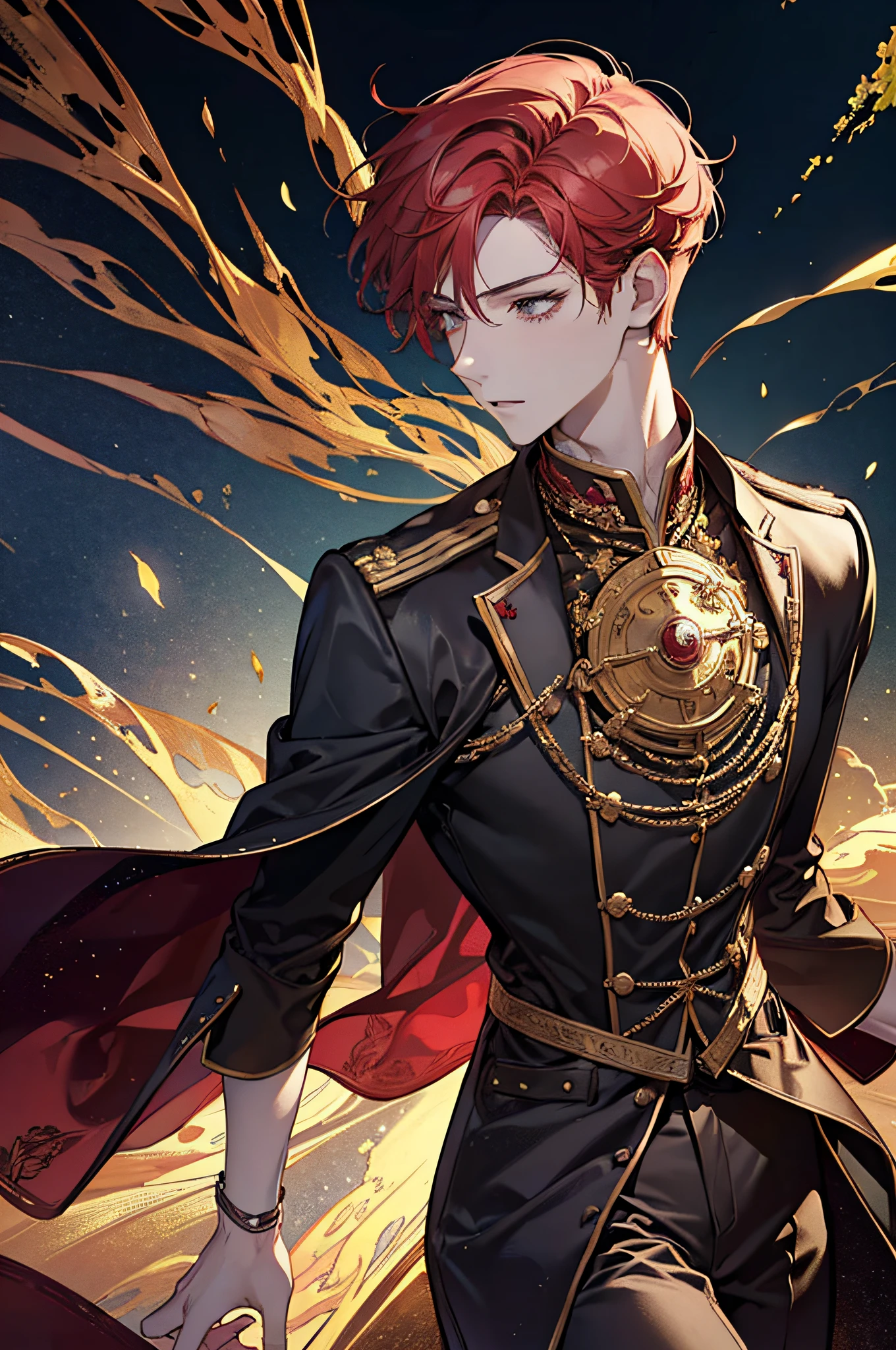 one man, adult, ((male)), short hair, tall, red hair, golden eyes, perfect face, beautiful clothing, antique clothing, detailed, dynamic lighting, (best quality), (masterpiece), (referencesheet:1.5)