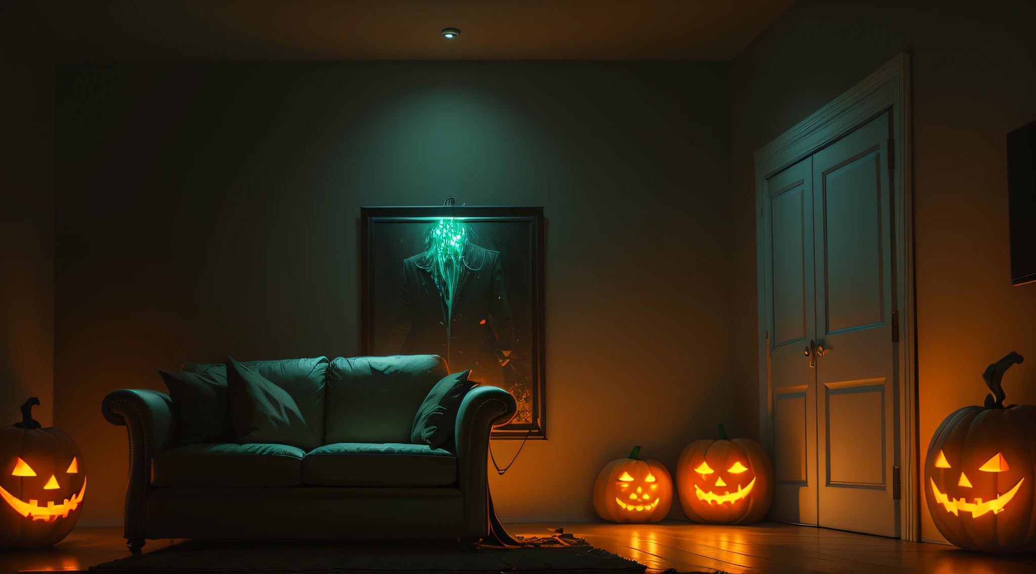 Visualize and describe an indoor Halloween scene set within a living room with a mint green (#00B894) background. The resolution should be 1600x900 pixels. In the living room, include Halloween decorations like jack-o'-lanterns, cobwebs, spooky candles, and eerie artwork on the walls. Feel free to incorporate any other elements that capture the Halloween spirit indoors. Provide a detailed description that paints a vivid picture of this festive and spooky Halloween living room setting