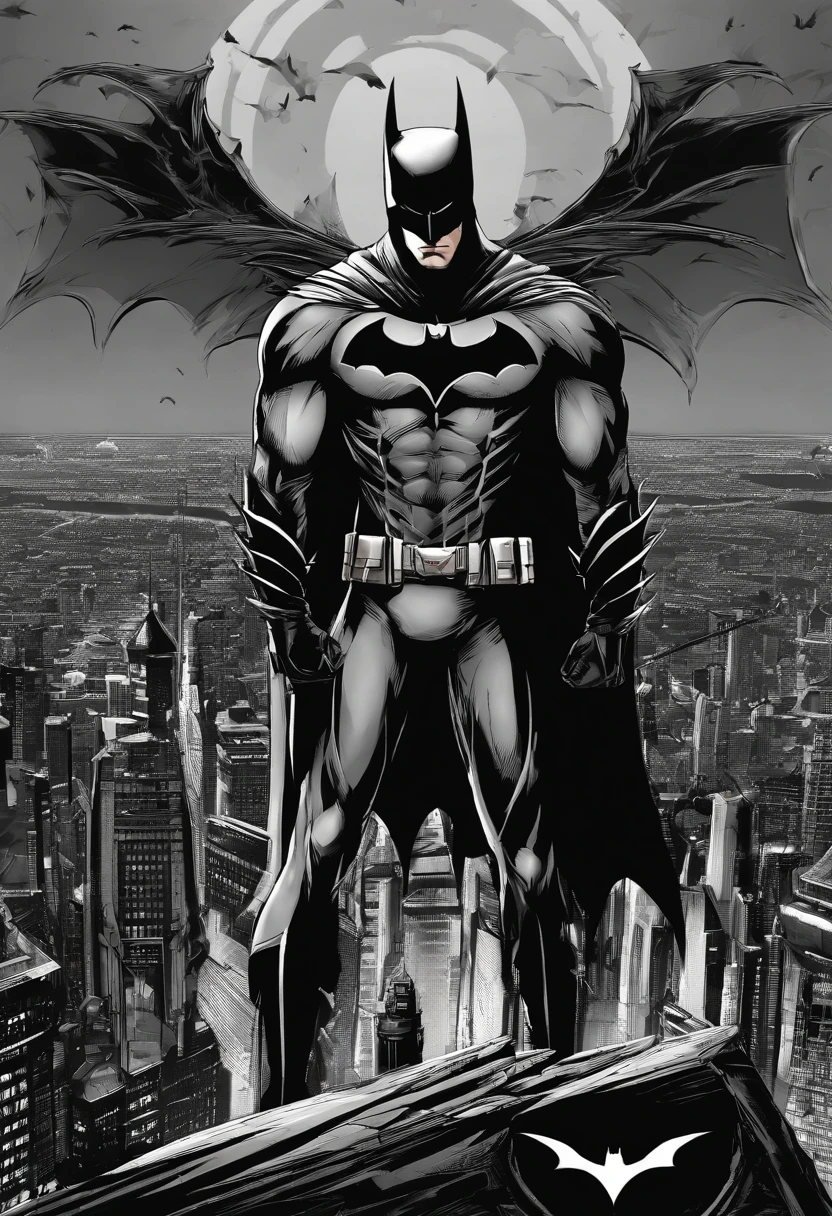 `(best qualityer, high resolution, work of art:1.2), ultra detali, realisitic, bright coloured, digitl art, bat Man, detailed eyes and face, Muscular Physique, Dark Suit, Iconic bat symbol, sullen expression, Gotham City scenery, urban landscape, Estilo CBZBB, Tendência em Arstation`