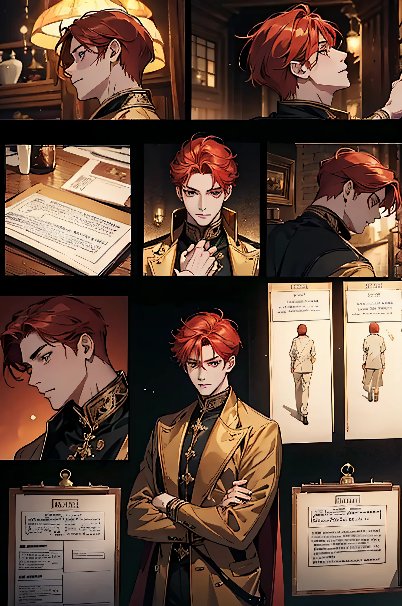 one man, adult, ((male)), short hair, tall, red hair, golden eyes, perfect face, beautiful clothing, antique clothing, detailed, dynamic lighting, (best quality), (masterpiece), (referencesheet:1.5)