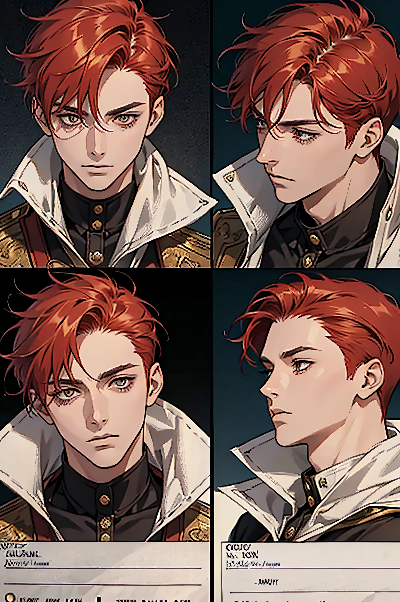 one man, adult, ((male)), short hair, tall, red hair, golden eyes, perfect face, beautiful clothing, antique clothing, detailed, dynamic lighting, (best quality), (masterpiece), (referencesheet:1.5)