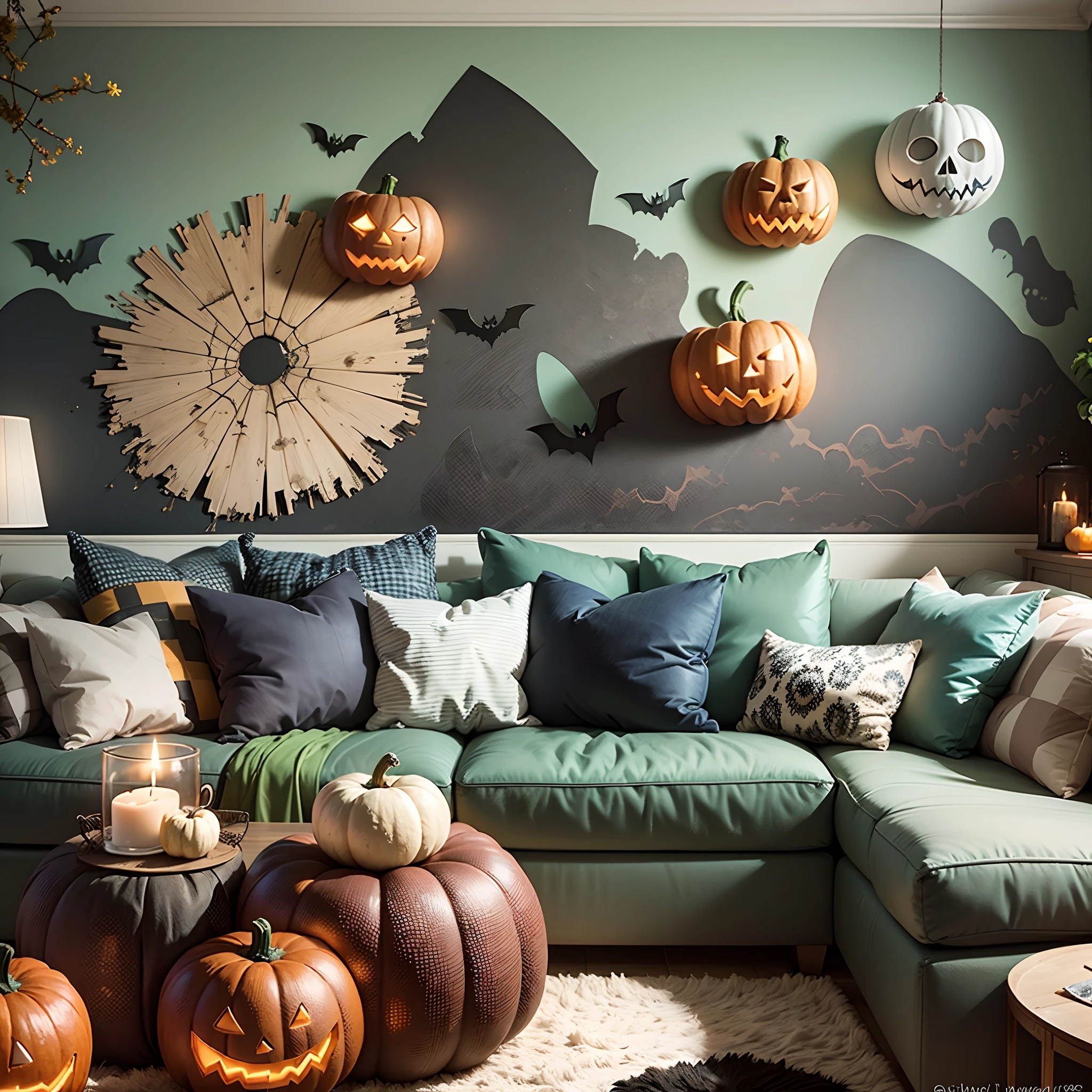 Visualize and describe an indoor Halloween scene set within a living room with a mint green (#00B894) background. The resolution should be 1600x900 pixels. In the living room, include Halloween decorations like jack-o'-lanterns, cobwebs, spooky candles, and eerie artwork on the walls. Feel free to incorporate any other elements that capture the Halloween spirit indoors. Provide a detailed description that paints a vivid picture of this festive and spooky Halloween living room setting --auto --s2