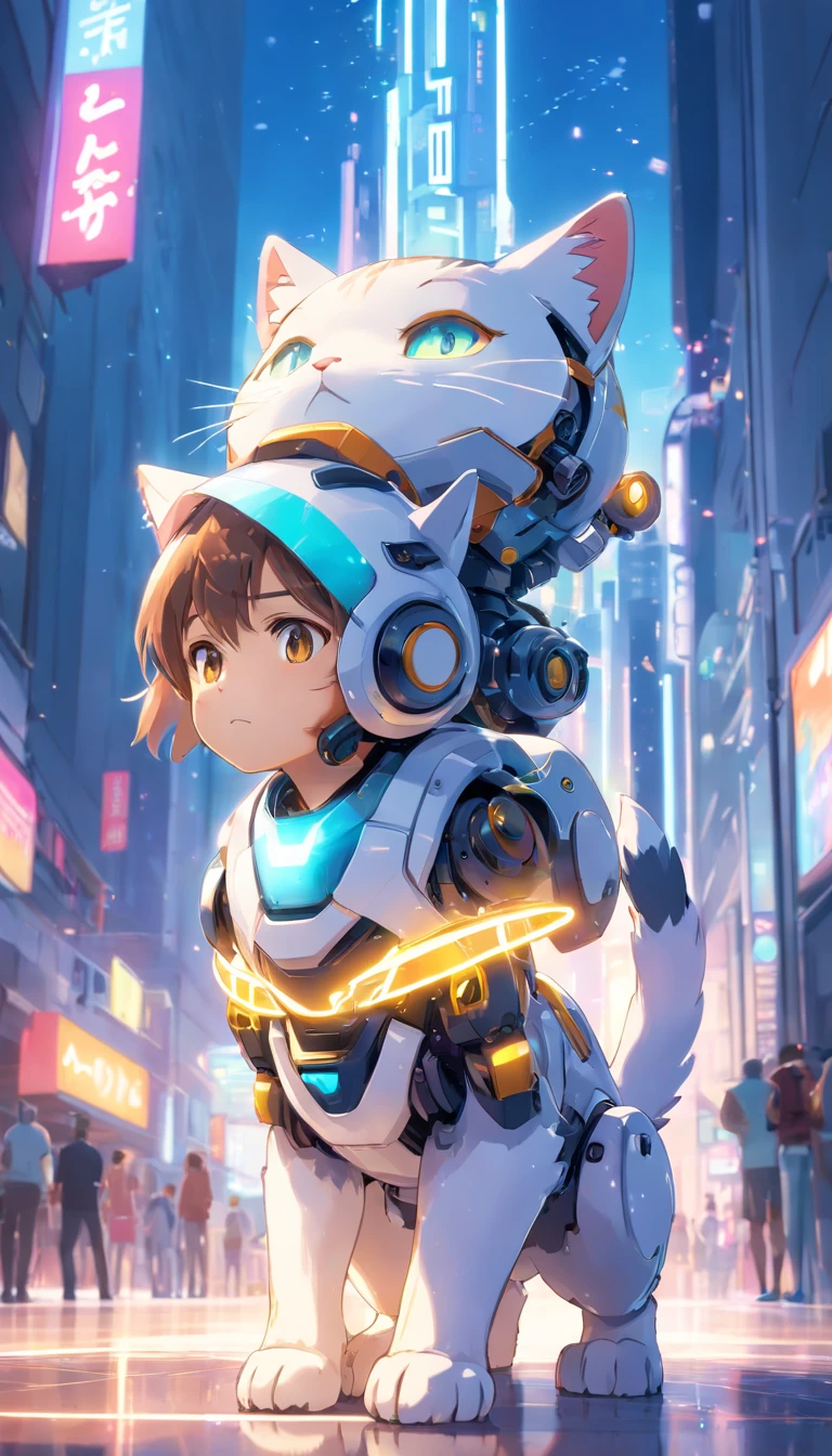 robotic cat, (Blind box toy style:1.2), (Full body shot) , 1 Transparent Boy,Behind him is a transparent cute robot cat, Transparent mech, Exquisite helmet:1.2, Luminous goggles:1.2, Cyberpunk, dreamy glow, luminous neon lights, Clean, White background, ( Global illumination, Ray traching, hdr, unreal render,reasonable design, high detal, Masterpiece, Best quality, hyper HD, Cinematic lighting)