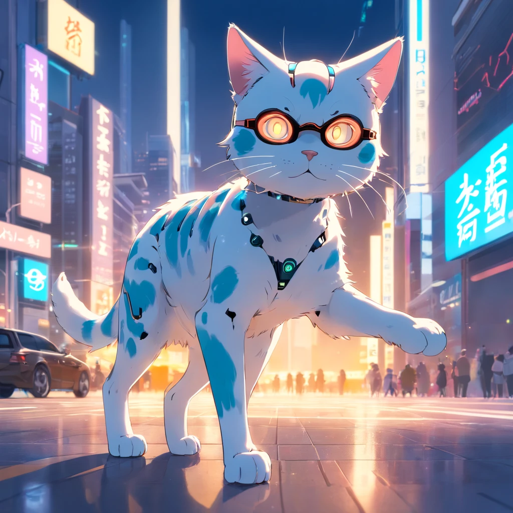 robotic cat, (Blind Box Toy Style:1.2), (FULL BODYSHOT) , 1 transparent boy,Behind him is a cute transparent robot cat, Mechanical Transparent, Exquisite helmet:1.2, Glasses:1.2, Cyberpunk, Dreamy glow, bright neon lights, ren, white backgrounid, ( globalillumination, Streak Trace, nffsw, Unreal Render,Reasonable design, high detal, Master Parts, Best Quality, Hyper Hi-Vision, Cinematic lighting)