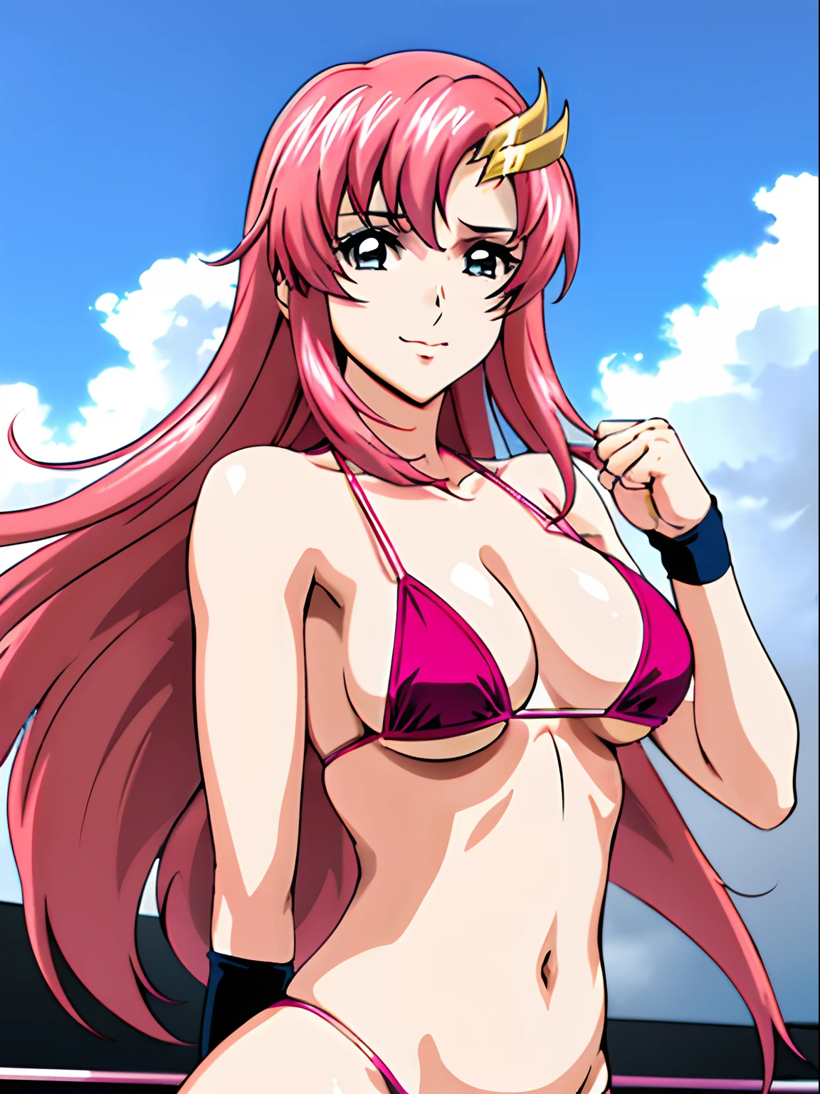 (masterpiece, upper body view, 4K, Best Quality, Anime style: 1.9,, Adult Woman, ultra detailed face, (cloud background, wrestling), Drawing lines, high resolution, Anime, lacus4), 1girl, Solo, curvy figure, Long hair, 鎖骨, scapular, (Detailed wide hair bangs, Hair Ornament, Detailed reddish-pink hair, golden crest), cleavage, large hands, (female wrestler). (Big blue eyes, shiny eyes), ((female wrestler, slender body, broad shoulders, closed fists)), ((perfect proportions, medium breasts, long belly)), (((micro bikini, pink wrestling gear))), gentle, smile, (standing, looking at the viewer)