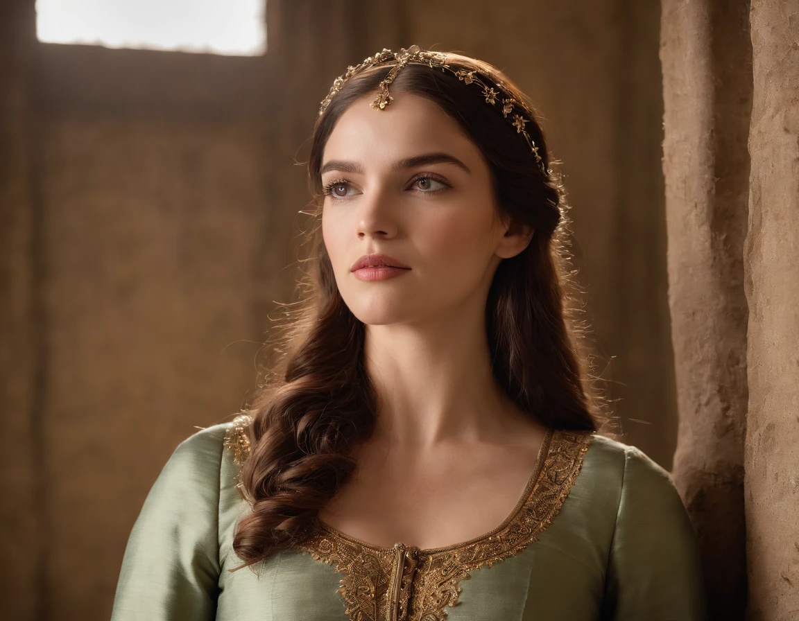 (((uma ferida avermelhada profunda atravessa sua bochecha esquerda))) tez justa, mulher em torno de 19 anos, cabelos brancos naturais, olhos verdes distintos, vestindo kohl, slender and graceful, Beautiful, luz de velas em um ambiente medieval, Ultra sharp focus, tiro realista, roupas femininas medievais, cores tetradicas (cicatriz:1.4)