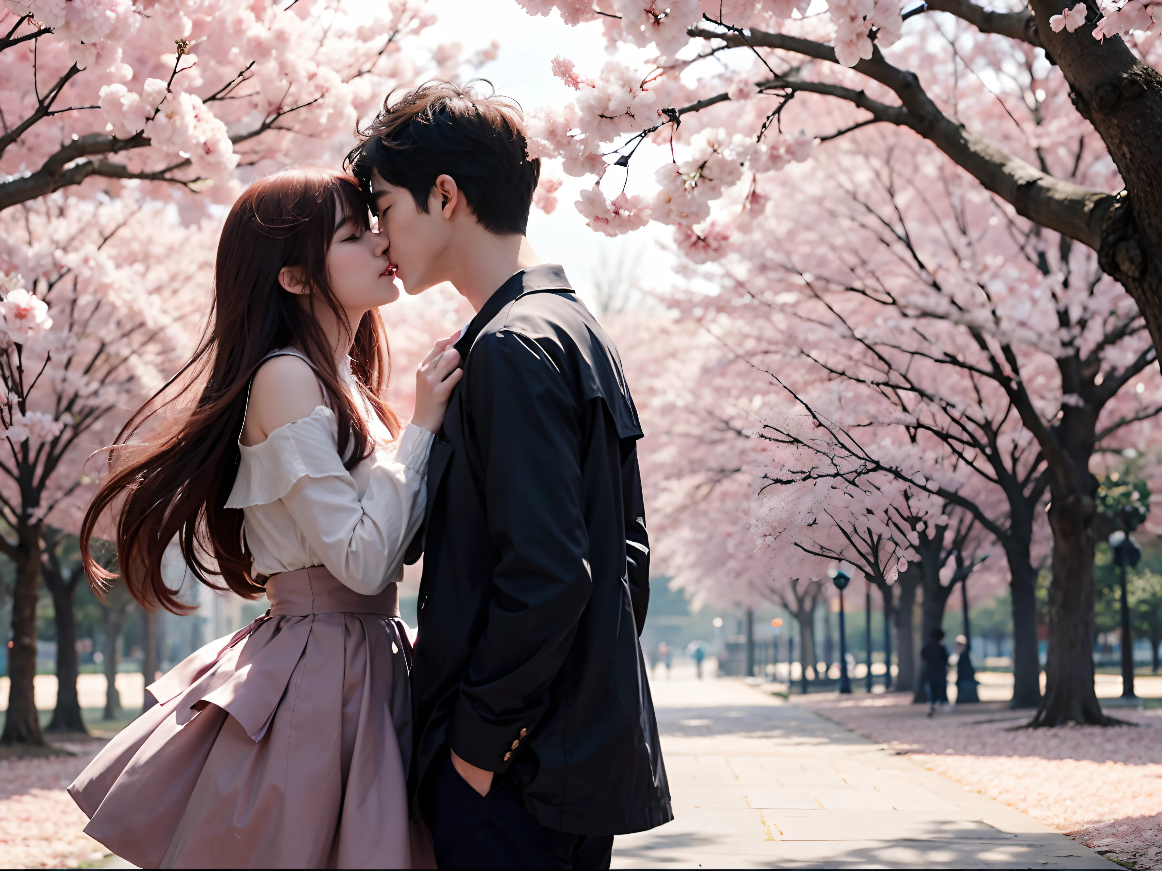 anime couple kissing under cherry blossom trees in a park, kissing together cutely, lovely kiss, beautiful anime, 4k anime wallpaper, anime art wallpaper 8 k, artwork in the style of guweiz, romantic couple, anime wallpaper 4k, anime wallpaper 4 k, anime art wallpaper 4 k, anime art wallpaper 4k, anime picture