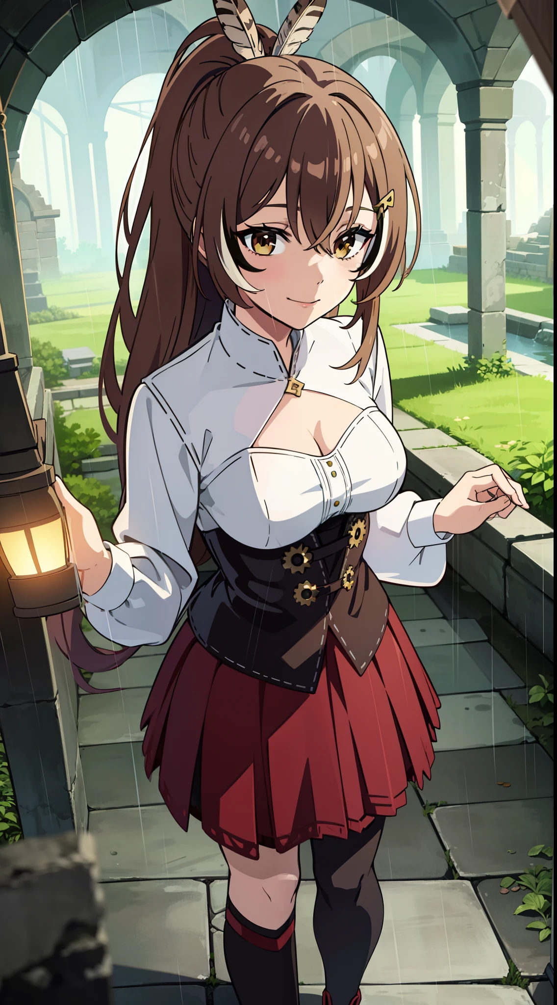 2D, HD, Detailed details, Detailed landscapes, beautiful lights, Beautiful Shadows, top-quality, Highly detailed, masterpiece, best quality, highres, aamumei, long hair, ponytail, ahoge, multicolored hair, feather hair ornament, hairclip, white shirt, brown corset, red skirt, mini breasts, closed mouth, smile, looking at viewer, highly detailed hands, highly detailed eyes, cleavage, Perfect hands, highly detailed face, full body, anime styled, wet clothes, rain, abandoned town, ruins, walking