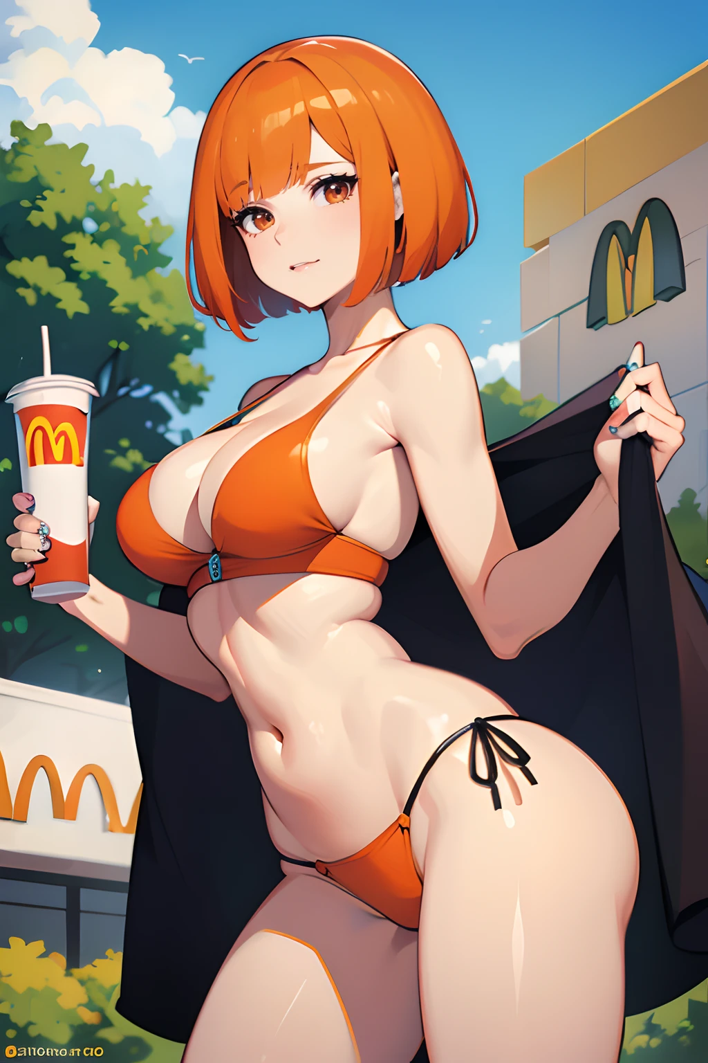 Mujer, pechos grandes, ((corte bob recto)), ((cabello naranja)), (solo), sexy Orange hair, mcdonald's