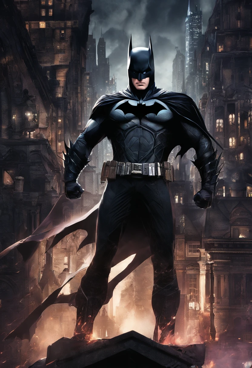 `(best quality, highres, masterpiece:1.2), ultra-detailed, realistic, vivid colors, digital art, batman, detailed eyes and face, muscular physique, dark costume, iconic bat symbol, brooding expression, Gotham City backdrop, cityscape, CBZBB style, Trend in Arstation`
