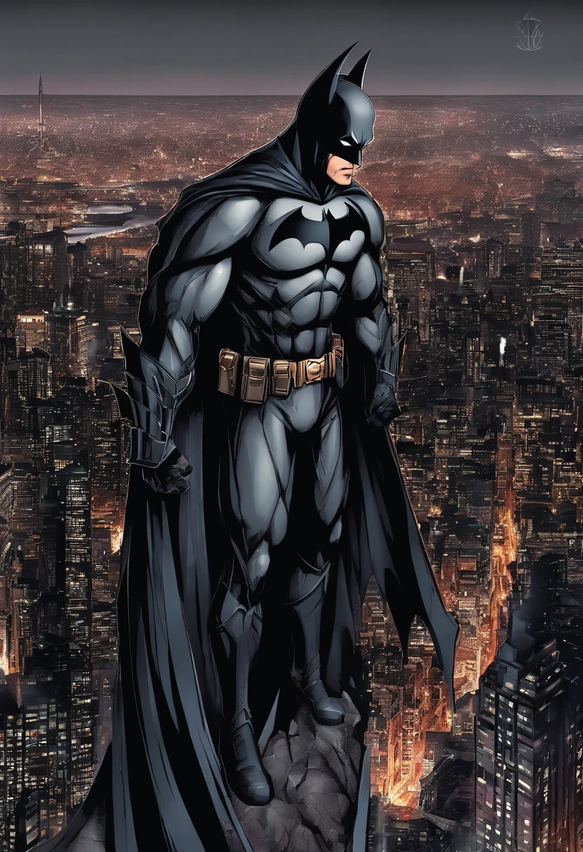 `(best quality, highres, masterpiece:1.2), ultra-detailed, realistic, vivid colors, digital art, batman, detailed eyes and face, muscular physique, dark costume, iconic bat symbol, brooding expression, Gotham City backdrop, cityscape, CBZBB style, Trend in Arstation`